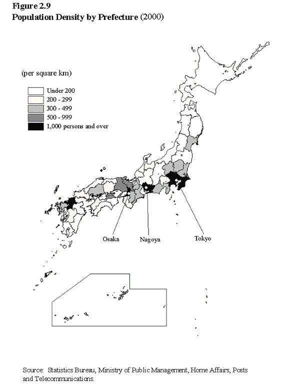 Japanese population density by prefecture 2000