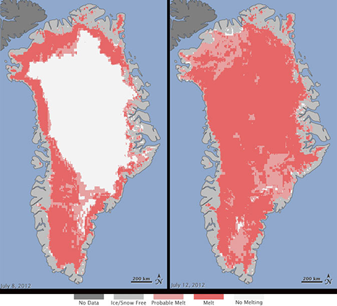 Comparative satellite image of the melting ice cap in Greenland. - Source: NASA 2012