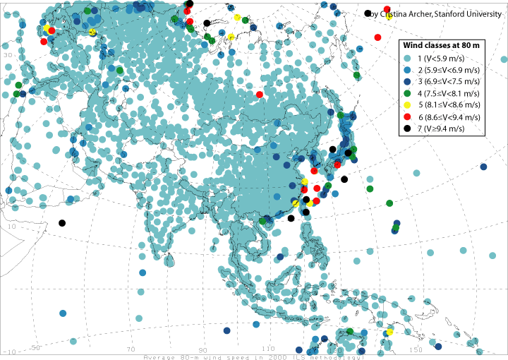 Map of mean 80-m wind speeds for year 2000 - South Korea