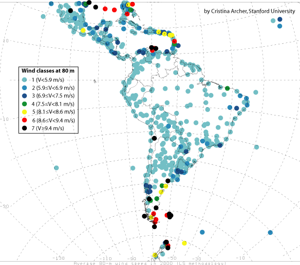 Map of mean 80-m wind speeds for year 2000 latin america