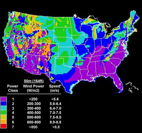 U.S. Annual Wind Power Resource and Wind Power Classes  - Contiguous U.S. States