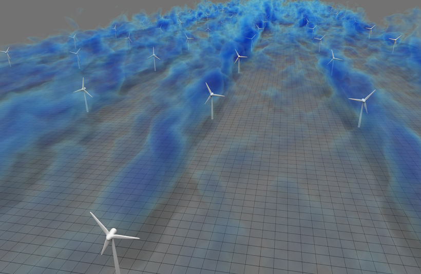 The figure shows a three-dimensional visualization of the flow in a simulated wind-farm. The blue regions show a volume rendering of low-velocity wind regions. These low velocity regions are primarily found in the meandering wakes behind the turbines. 