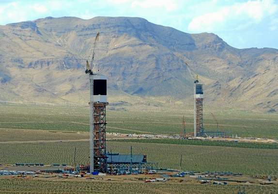 Towers two and three at BrightSource Energy’s Ivanpah Solar Complex in the Mojave Desert.