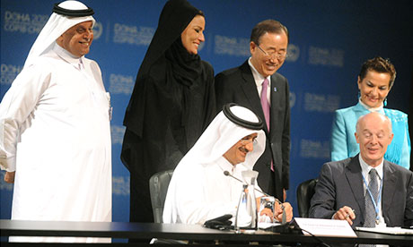 The signing of a partnership between the Qatar Foundation and the Postdam Institute for a new climate change research institute in Qatar. Photograph: IISD