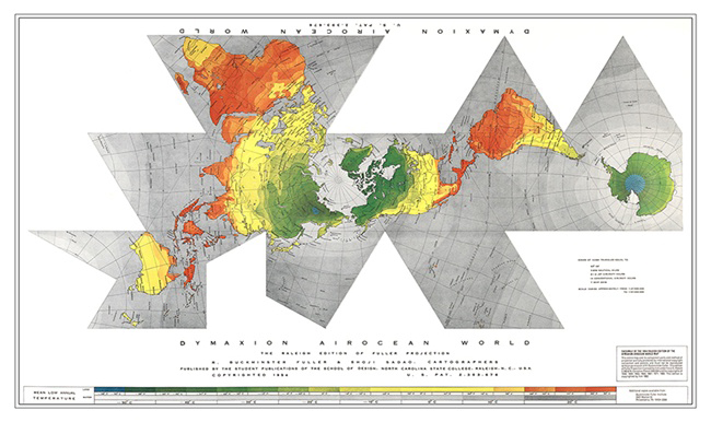 Buy Bucky Fuller's Raleigh Edition of Fuller Projection Air-Ocean World Dymaxion Map -- Beautiful four color poster (34 inches X 22 inches).