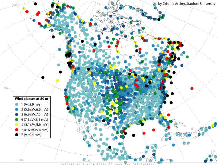 Map of mean 80-m wind speeds for year 2000 north america