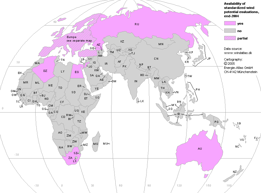 Availability of standardized evaluations of the wind energy potential europe/ africa/ asia/ oceania